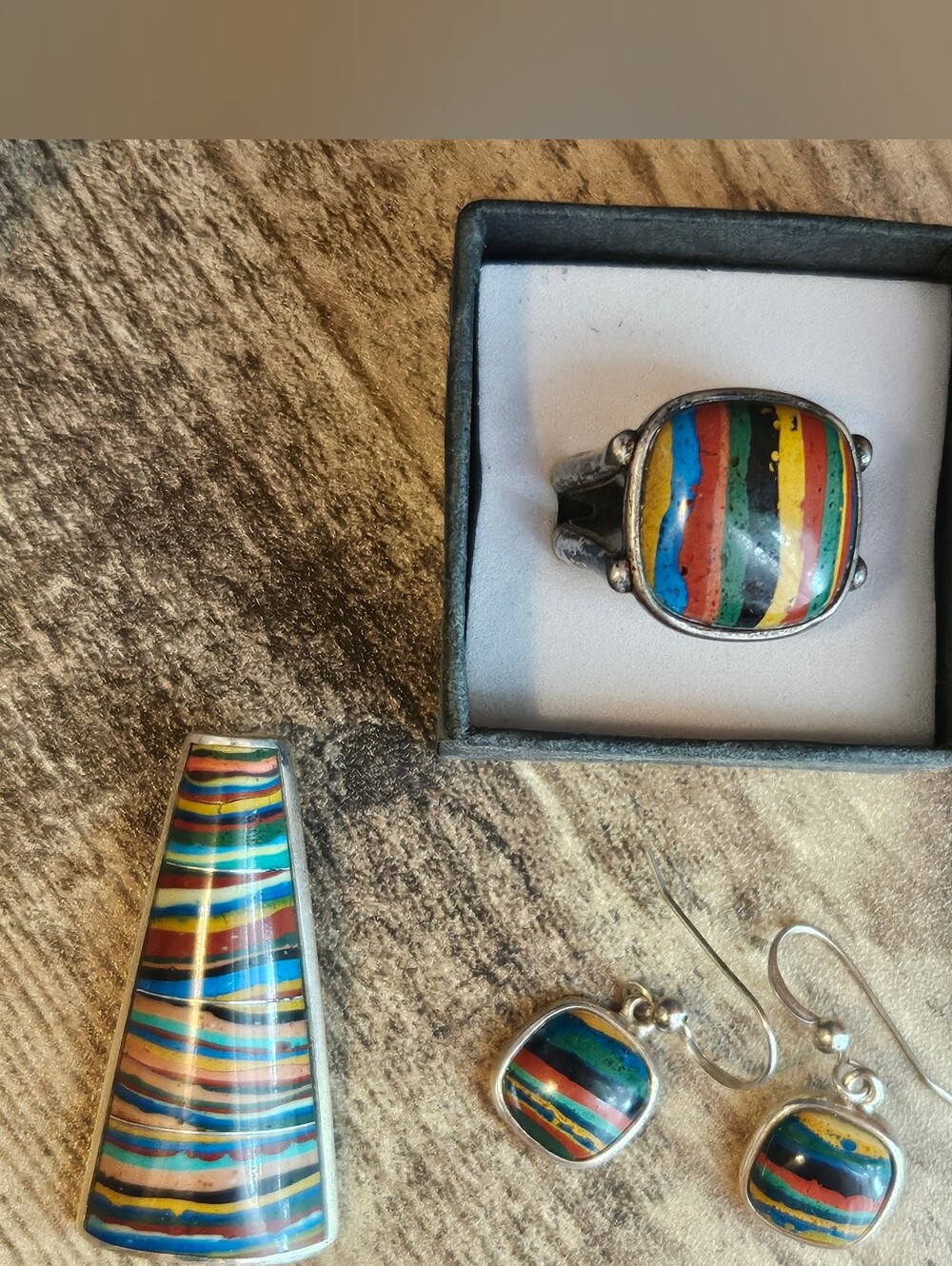 Jay King DTR VTG SS Rainbow Calsilica Ring, Pendant & Earrings Set - Size 7.5